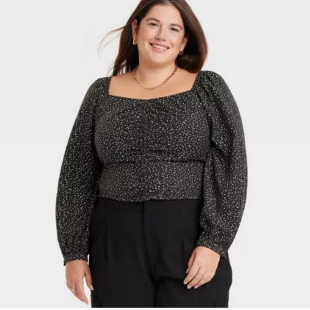 A New Day Ruched Prairie Long Balloon Sleeve Cropped Dots Womens 4X NWT